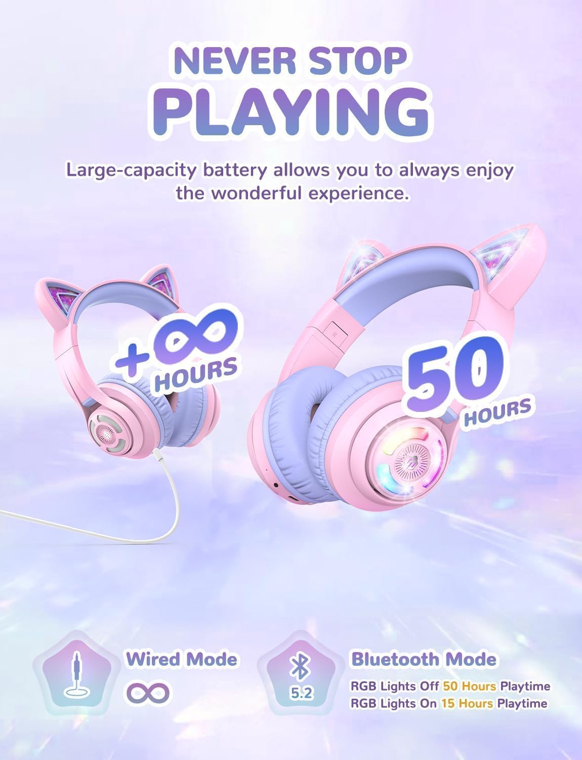 iClever LED cat ears lighting up to delight kids while offering lower battery use option