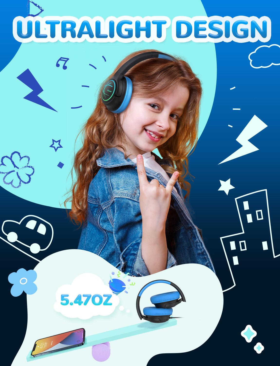 iClever USB-C kids headphones with 90 degree swivel cups for comfortable wear