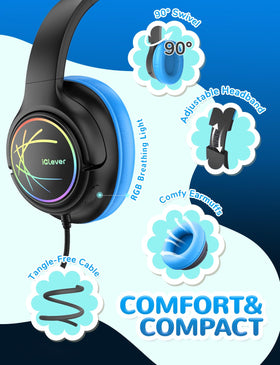 iClever foldable USB-C kids headphones compact for backpacks