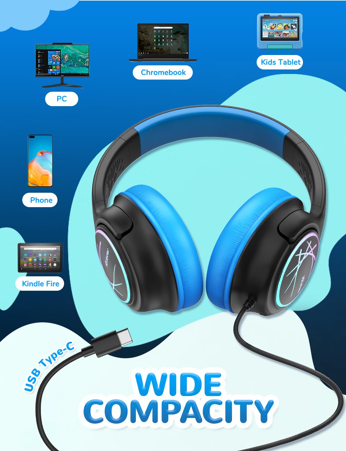 iClever lightweight USB-C kids headphones designed for travel and school