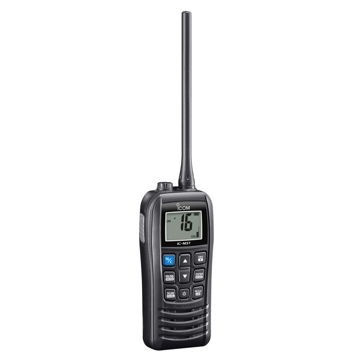 Icom IC-M37 front view, a rugged marine transceiver for clear, reliable on-deck communication.
