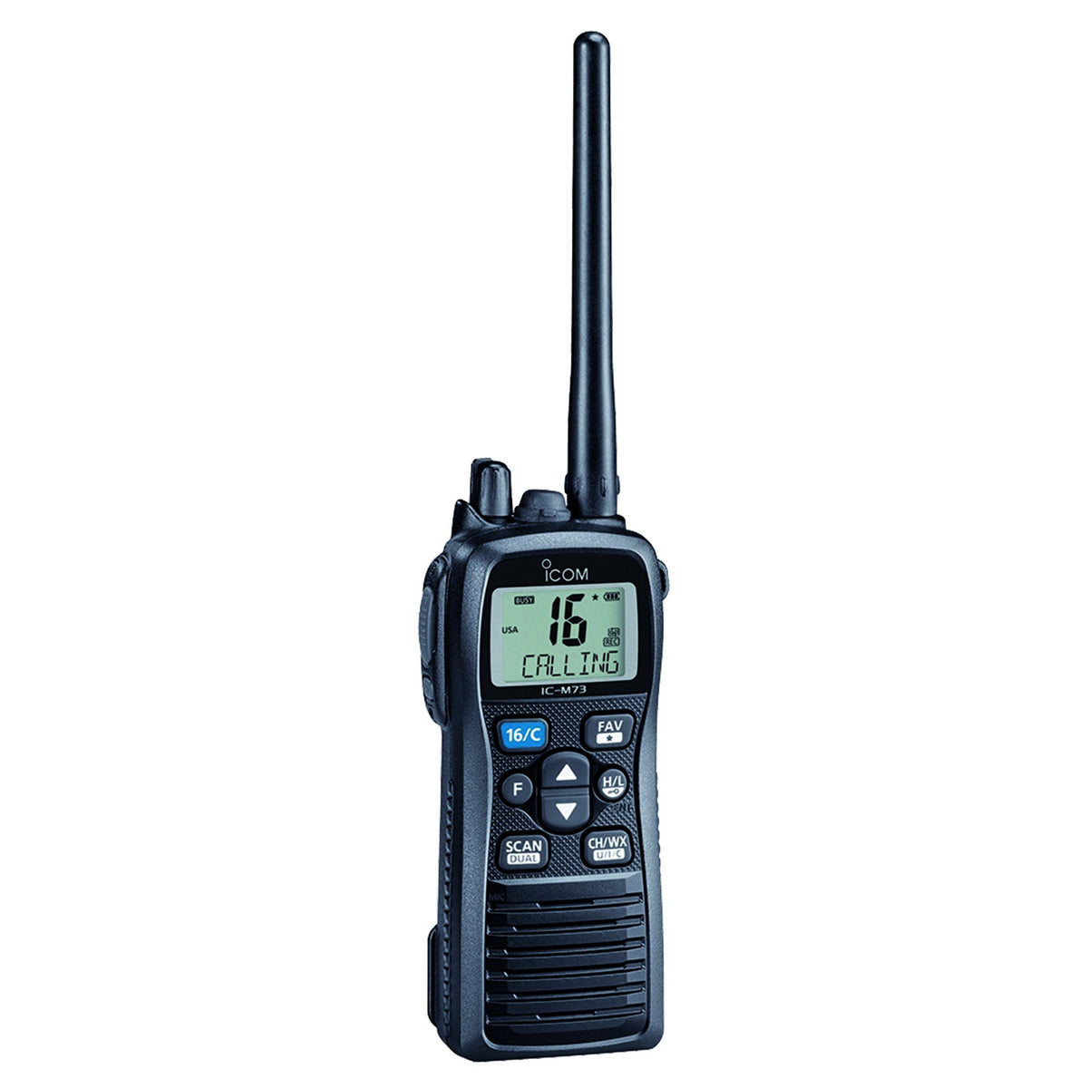 ICOM IC-M73 handheld VHF radio with bright LCD display for reliable marine communication.