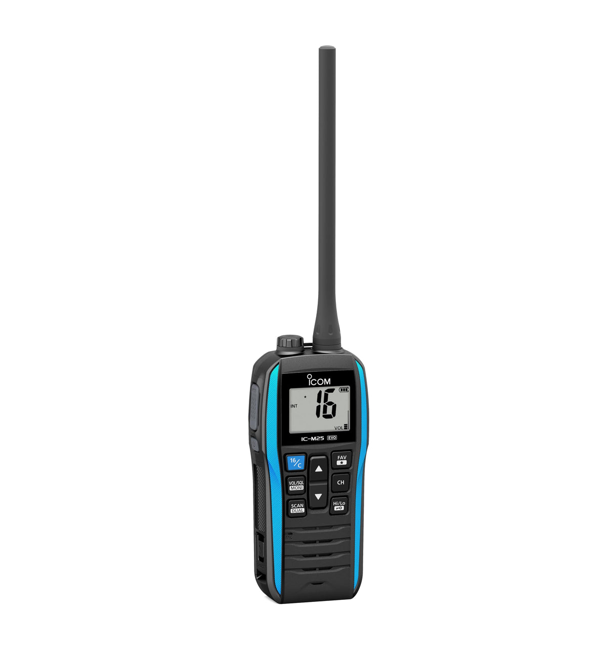 ICOM M25EVO blue marine VHF radio floating on water for easy retrieval and safety.