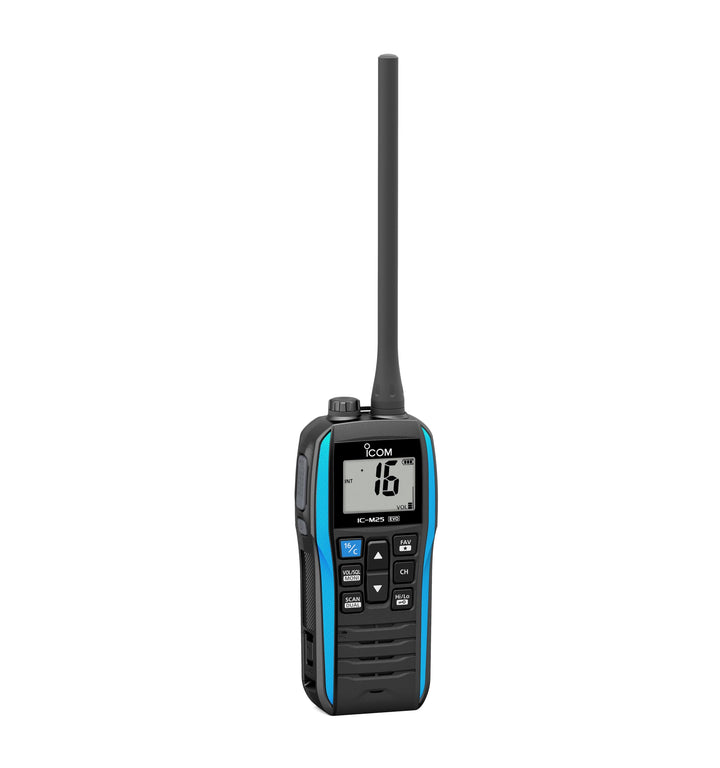 ICOM M25EVO blue marine VHF radio floating on water for easy retrieval and safety.