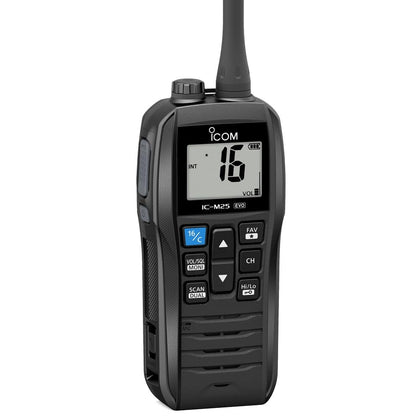 ICOM M25EVO floating black radio ensures quick retrieval and clear on-water communication.