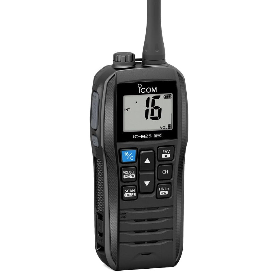 ICOM M25EVO floating black radio ensures quick retrieval and clear on-water communication.