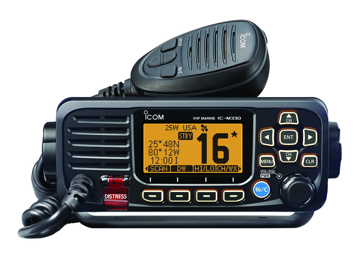 Icom M330 ultra-compact VHF marine radio with clear audio in tight helm spaces.
