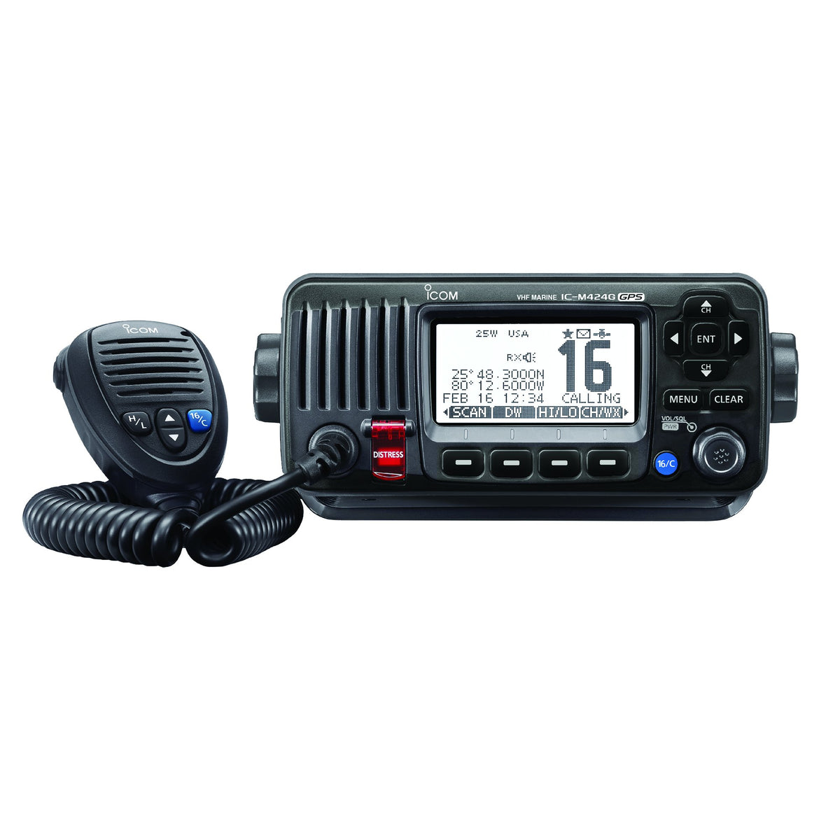 ICOM M424G fixed-mount VHF radio front panel view with GPS for maritime safety