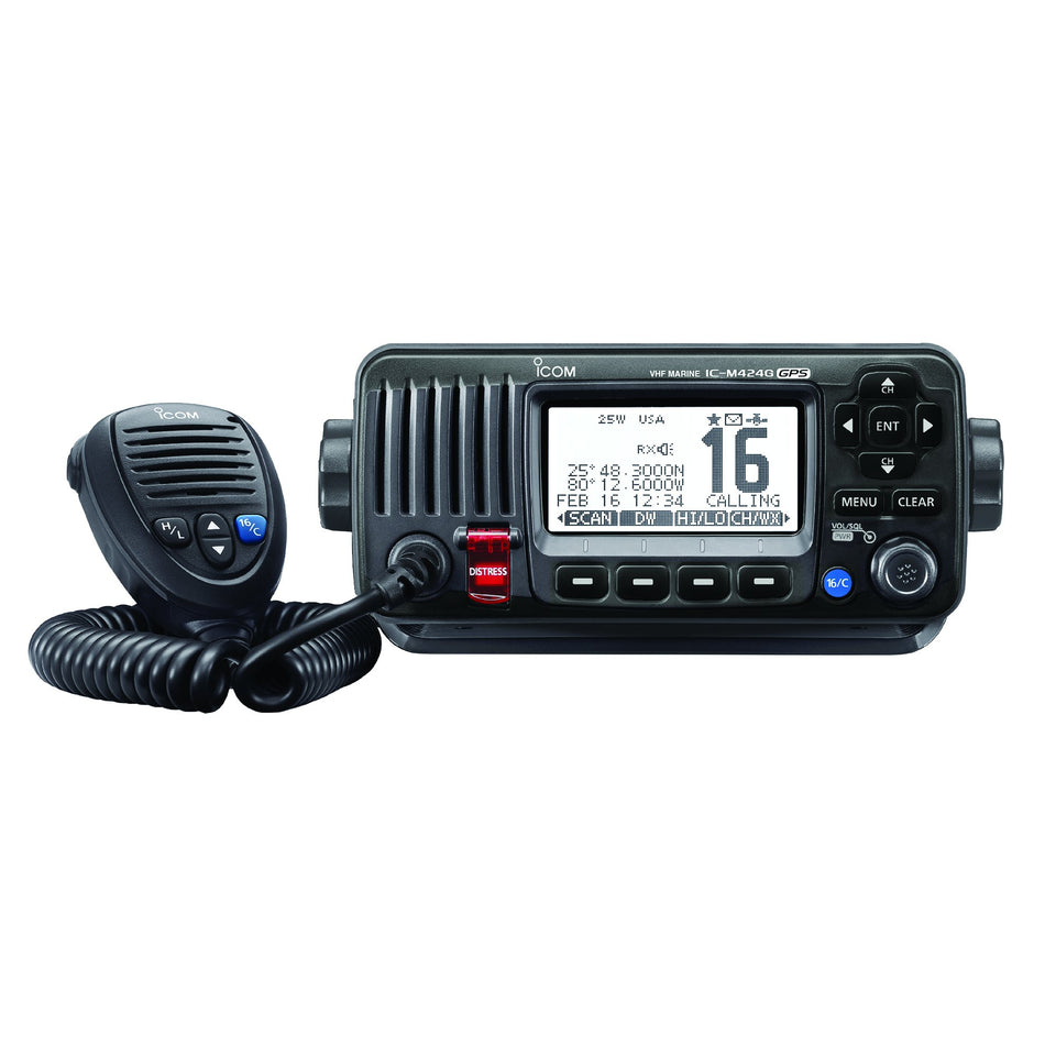 ICOM M424G fixed-mount VHF radio front panel view with GPS for maritime safety