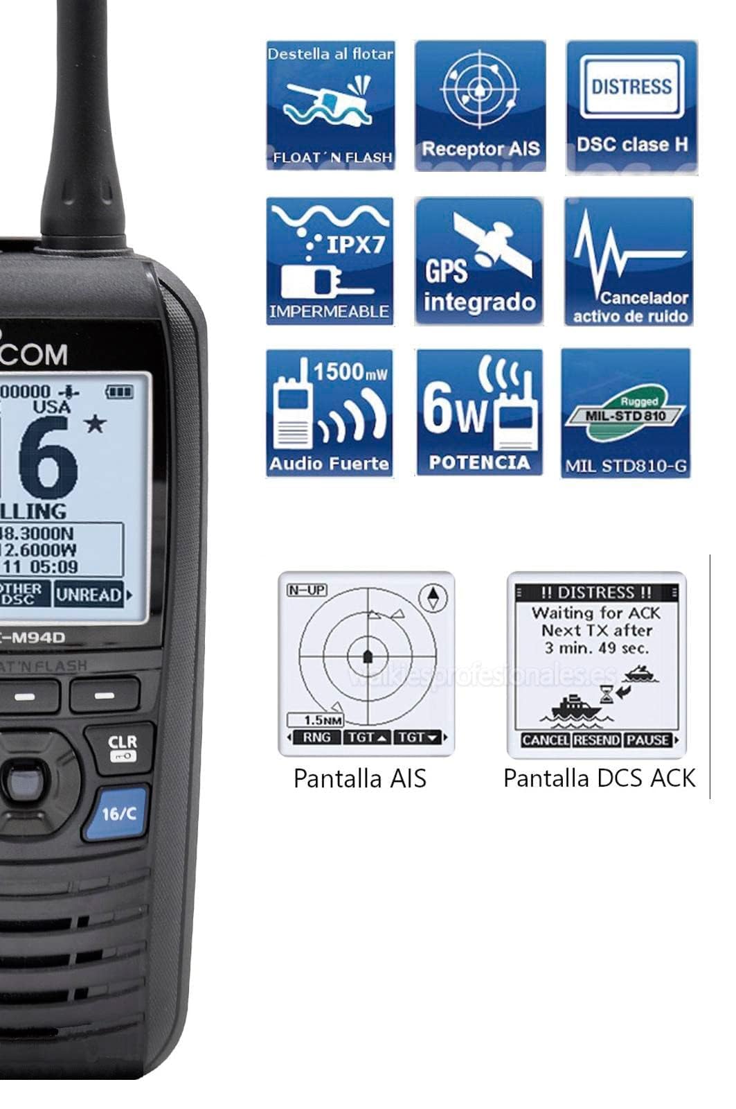 Icom M94D floats with MOB flashing for quick recovery.