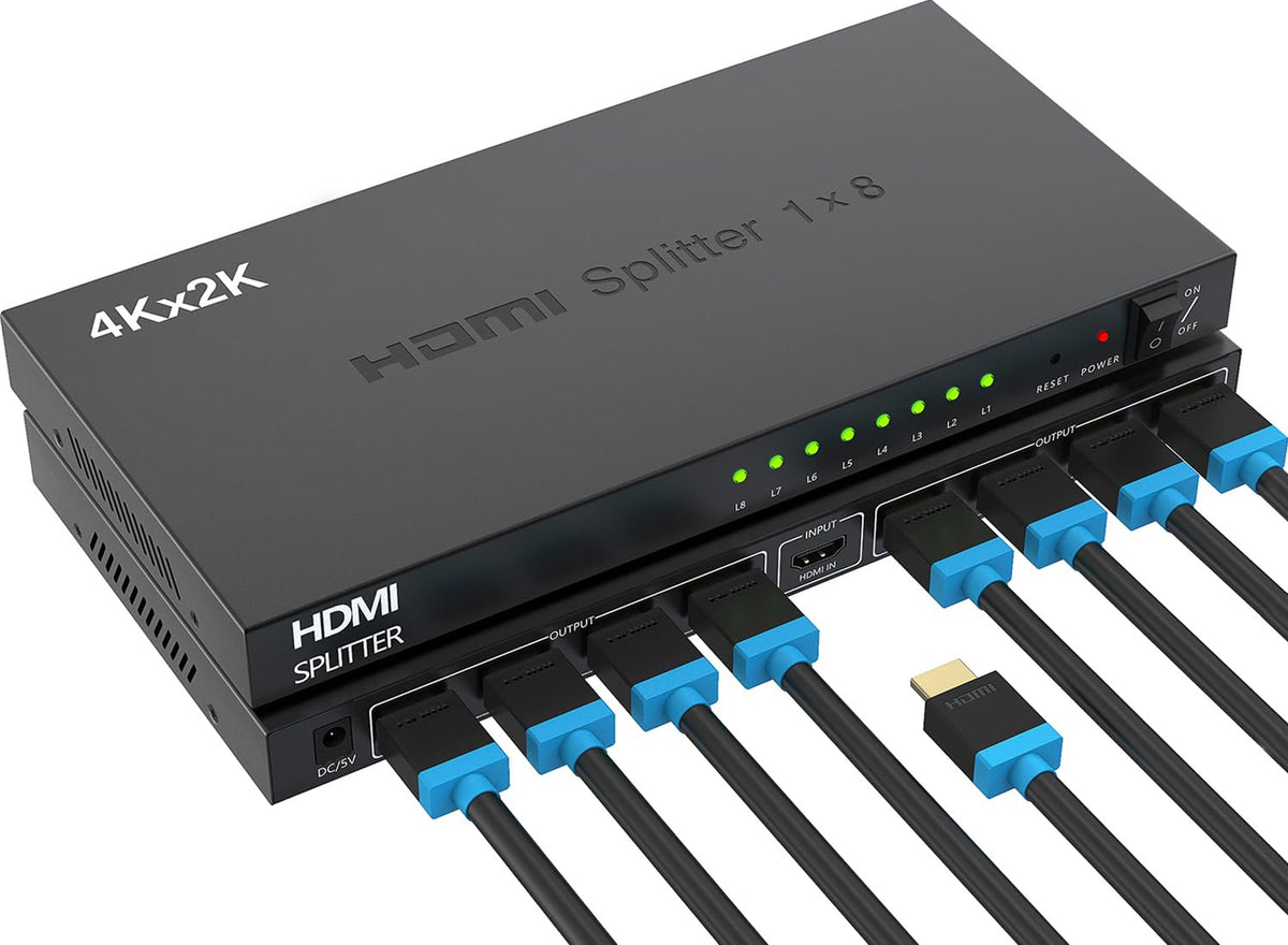 ICUIXIAN 4K 1x8 HDMI splitter front view, compact and ready for mirrored displays