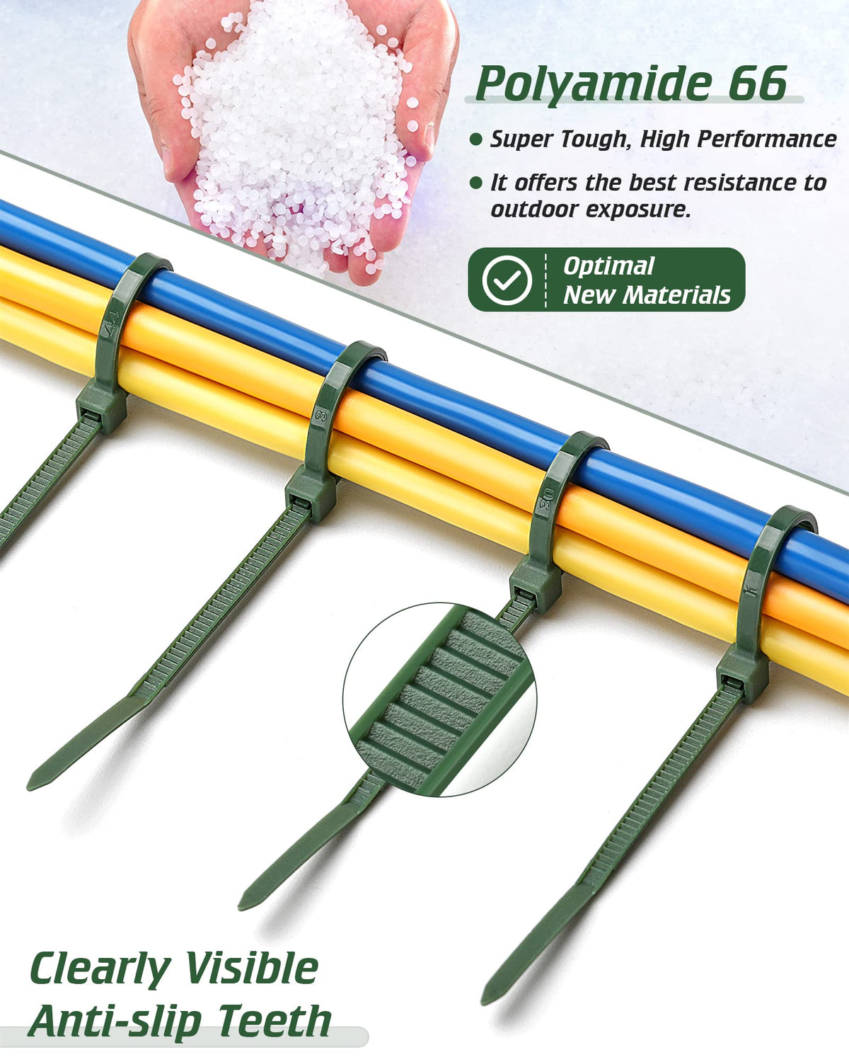 Idemeet 100 pcs green zip ties pack ideal for garden and fencing projects.