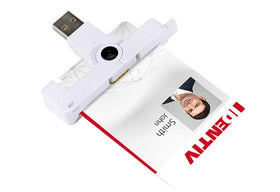 Identiv SCR3500 Smartfold reader front view, showcasing compact dongle design for on-the-go use.