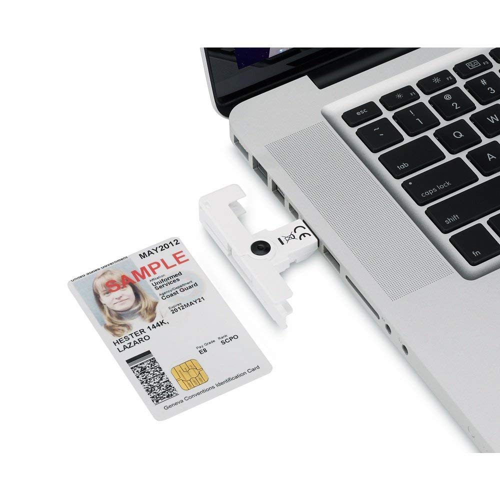 Identiv SCR3500 Smartfold reader in use with laptop, enabling secure card access.
