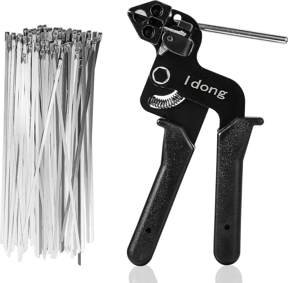 Idong metal tie wrap gun kit, front view, for quick, tidy cable binding.