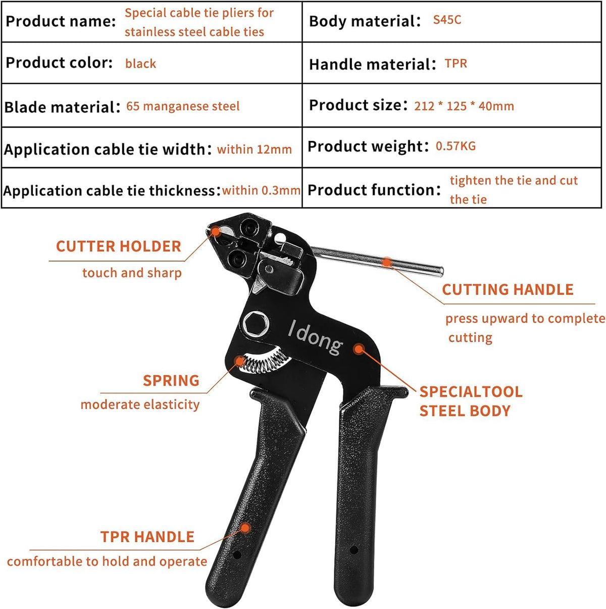 Idong metal tie wrap gun kit, side view, smooth tension and clean cut.