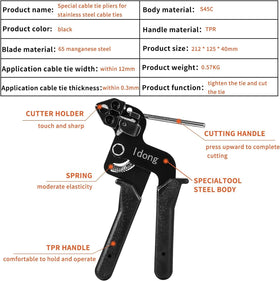 Idong metal tie wrap gun kit, side view, smooth tension and clean cut.