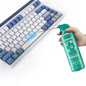iDuster air spray keyboard cleaning illustrating precise blast to lift debris.