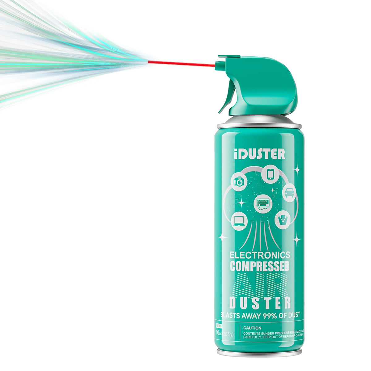iDuster compressed air duster bottle showing powerful dust removal in tight electronics spaces.