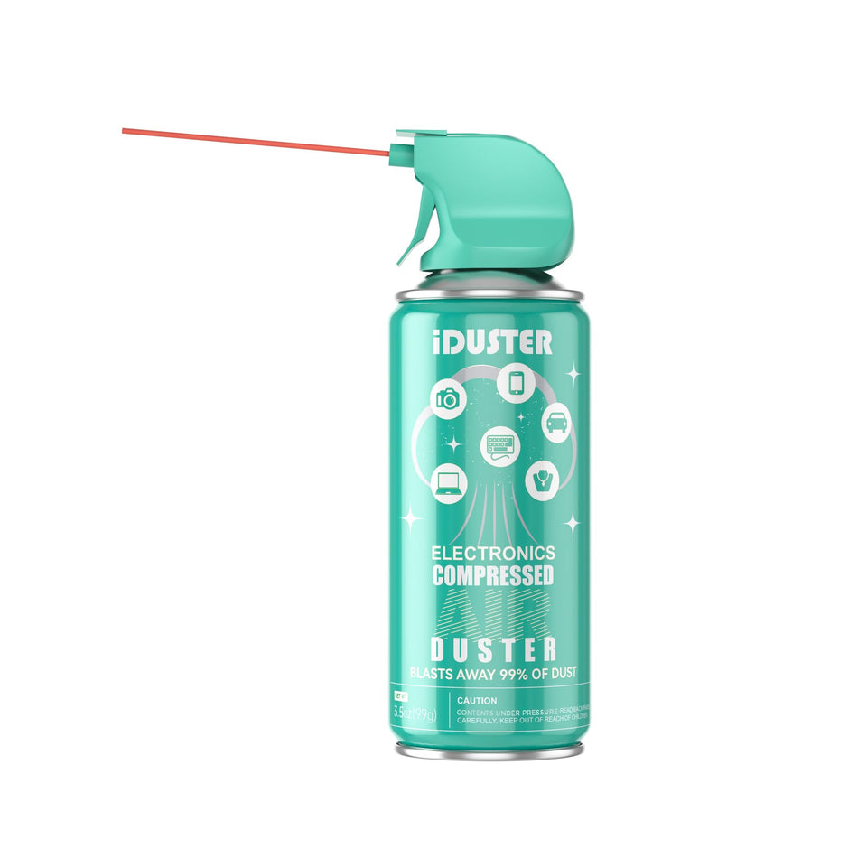 iDuster front packaging showing compact 3.5oz can and branding for convenient cleaning