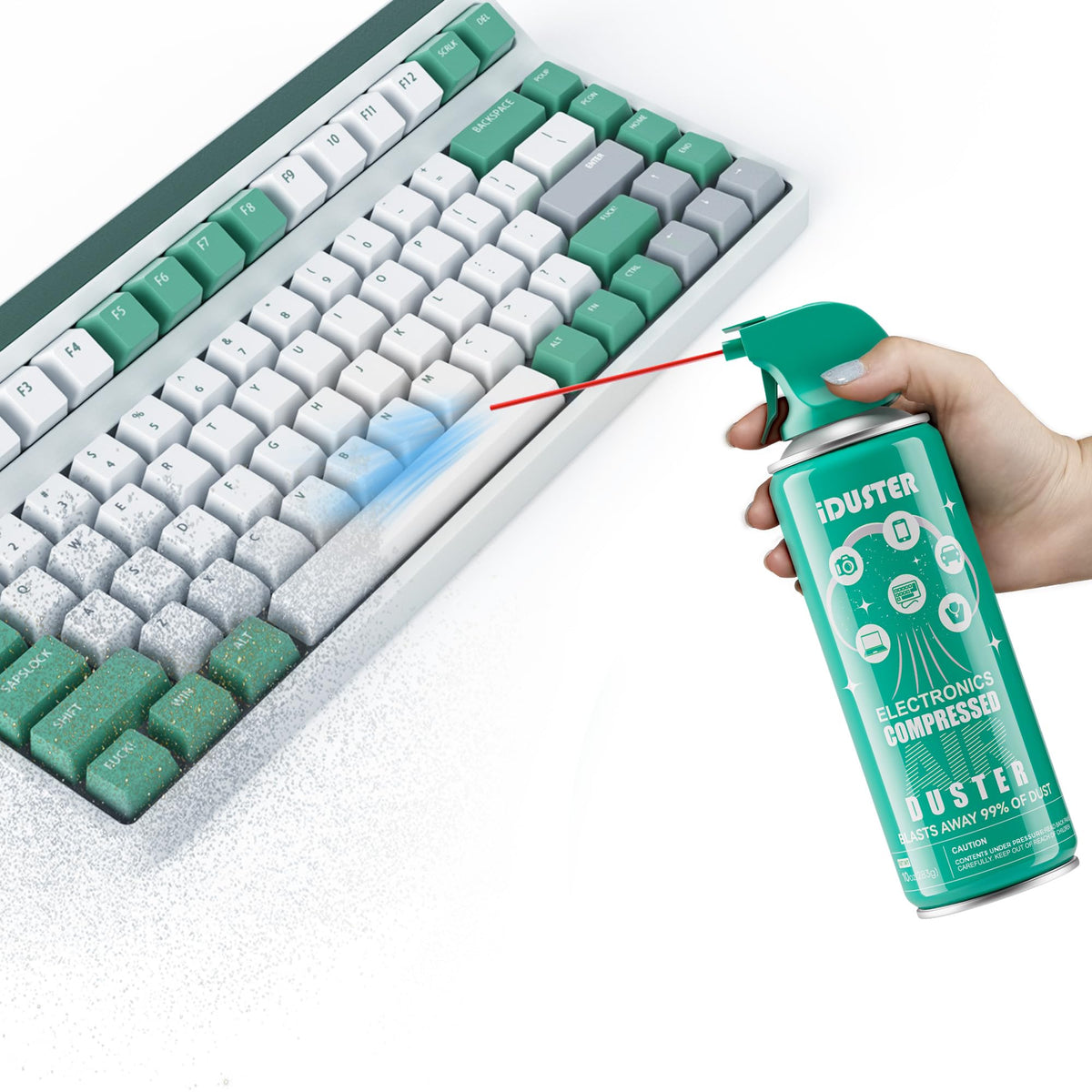iDuster air spray applied to a laptop keyboard clean up to improve airflow