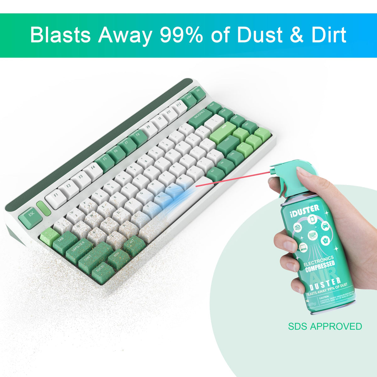 iDuster spray closeup demonstrating powerful dust removal