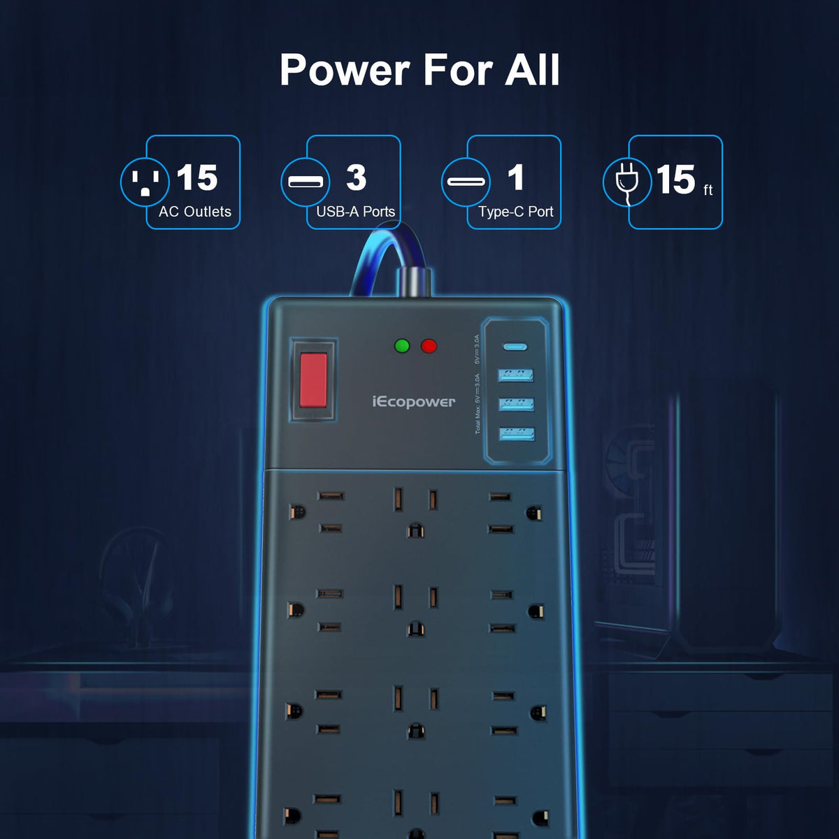 IECOPOWER closeup of four USB ports including USB‑C for fast charging