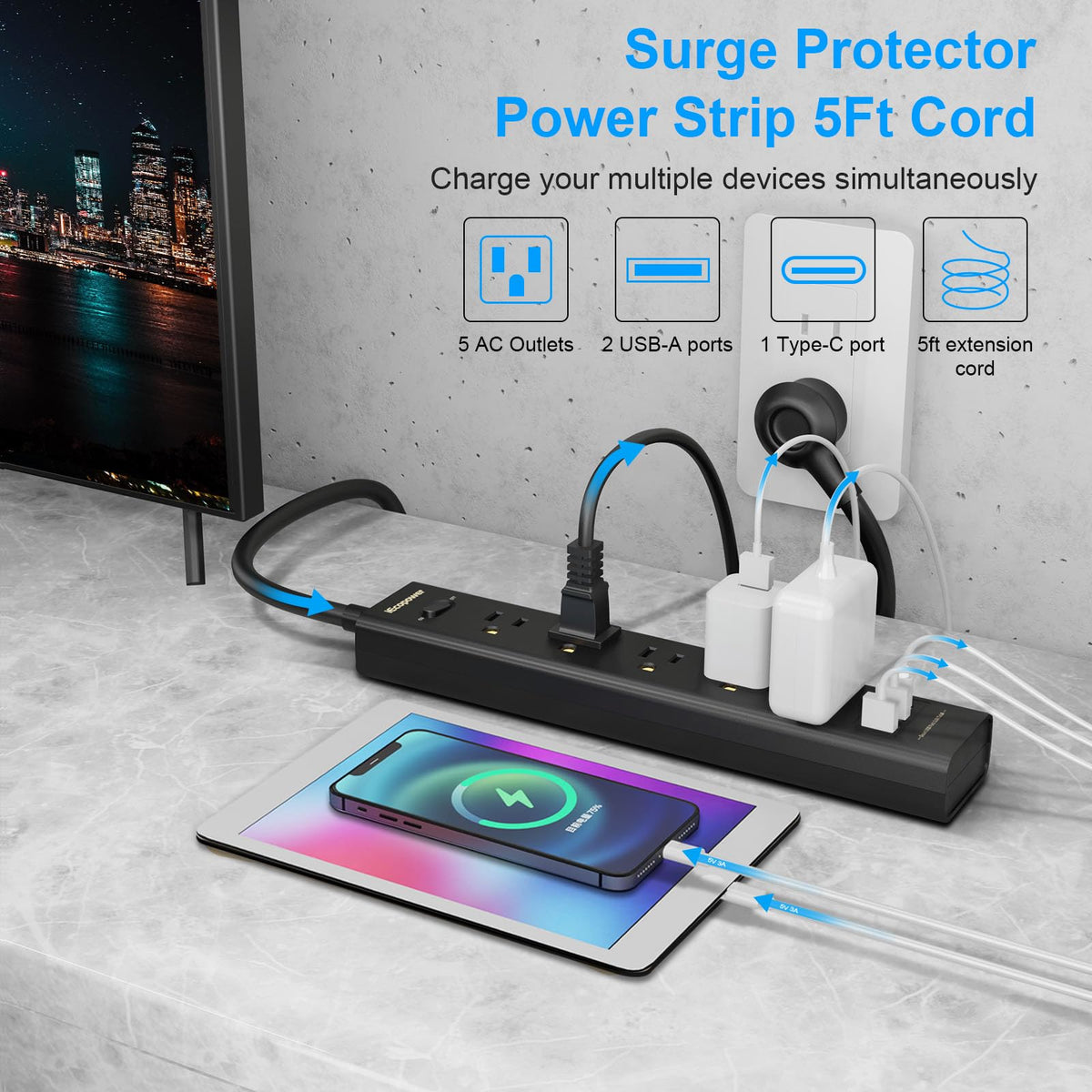 IECOPOWER close-up of USB and USB‑C ports for fast adaptive charging