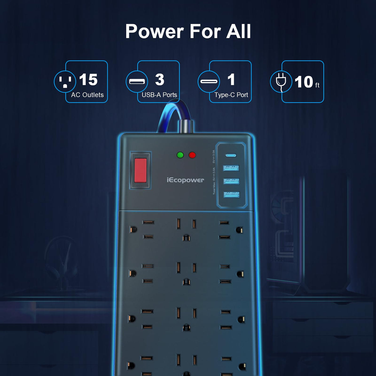 IECOPOWER close-up of USB ports including USB-C for fast device charging