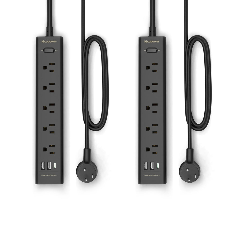 IECOPOWER front view showing 5 outlets and 3 USB ports for organized charging