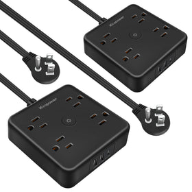 IECOPOWER front view of slim power strip showing outlets and USB ports for neat charging
