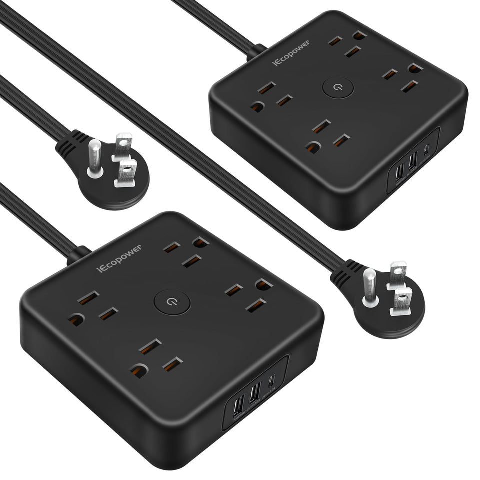 IECOPOWER front view of slim power strip showing outlets and USB ports for neat charging