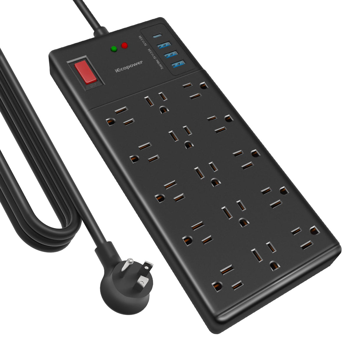 IECOPOWER front view showing 15 outlets and 4 USB ports for organized power