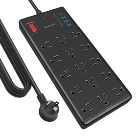 IECOPOWER front view showing 15 outlets and 4 USB ports for organized power