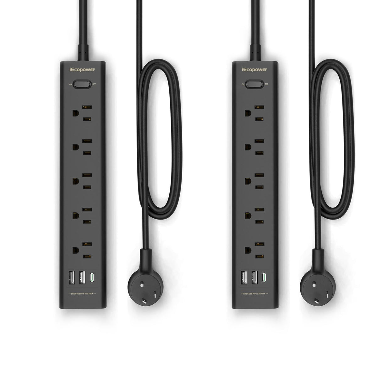 IECOPOWER front view of two-pack power strips showing outlets and USBs for organized charging