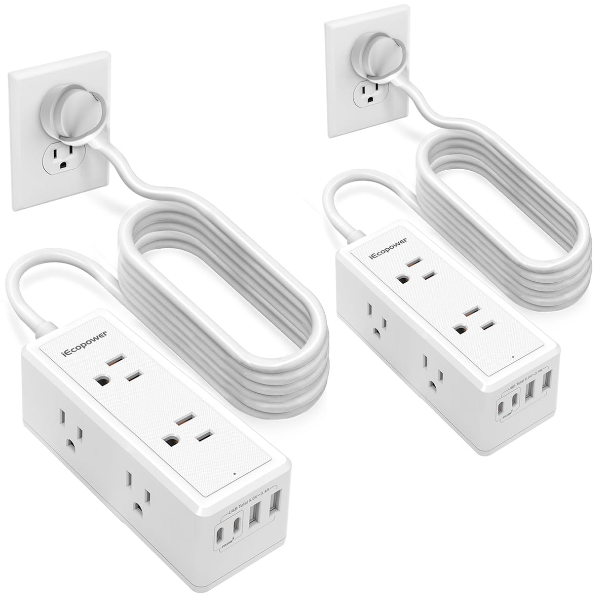 IECOPOWER front view showing six outlets and four USB ports for organized charging