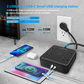 IECOPOWER top view showing four AC outlets and three USB ports for simultaneous charging
