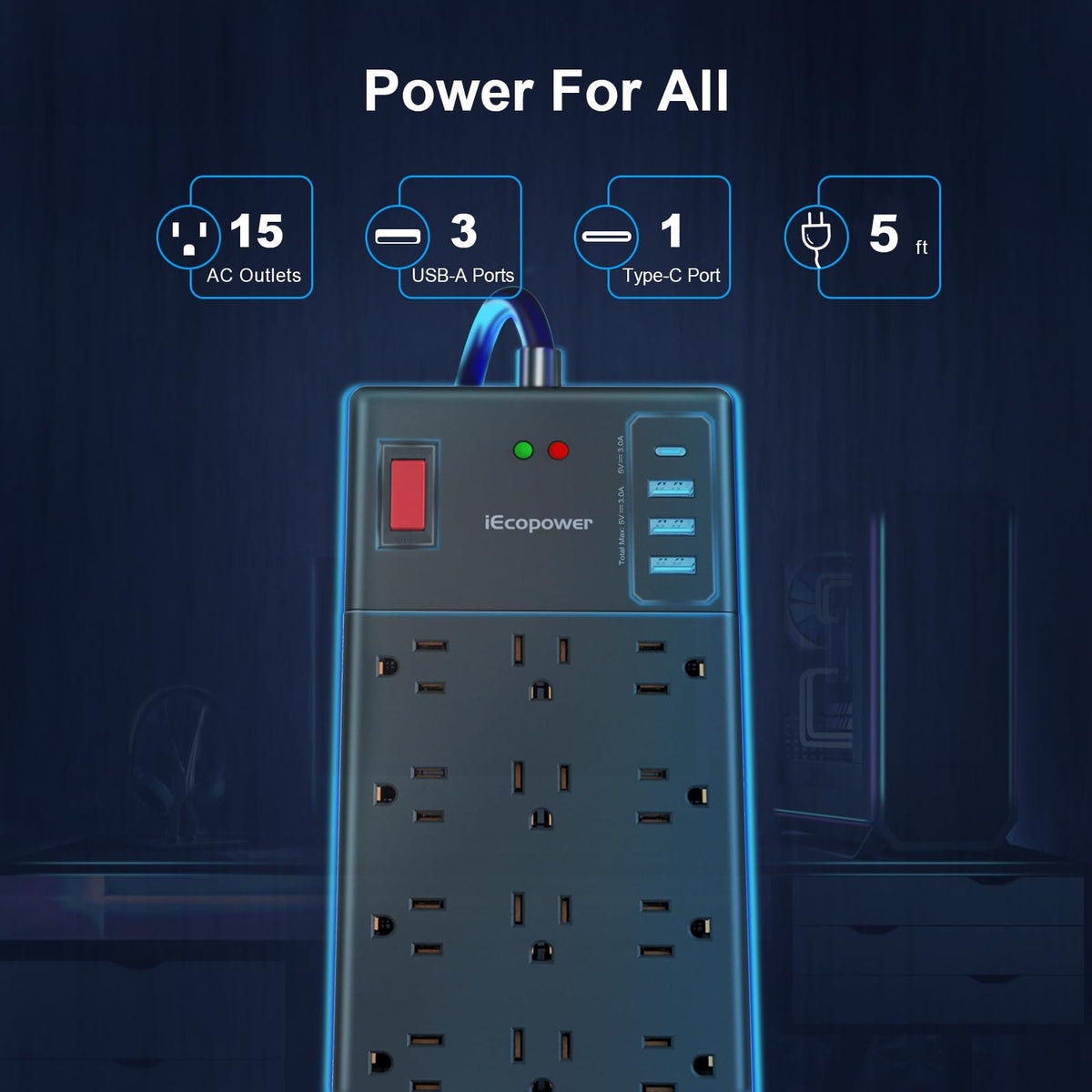 IECOPOWER 5 ft cord on heavy-duty power strip for desk and entertainment setups.