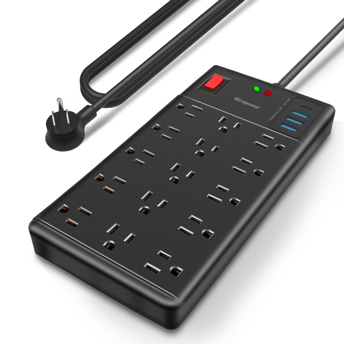 IECOPOWER surge protector with 19-in-1 outlets and USB ports for versatile charging.