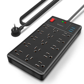 IECOPOWER surge protector with 19-in-1 outlets and USB ports for versatile charging.