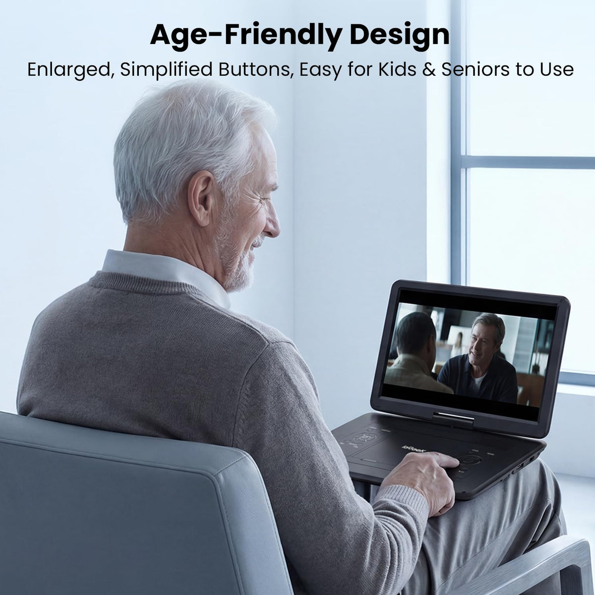 ieGeek compact design fits on a table or bed for viewing