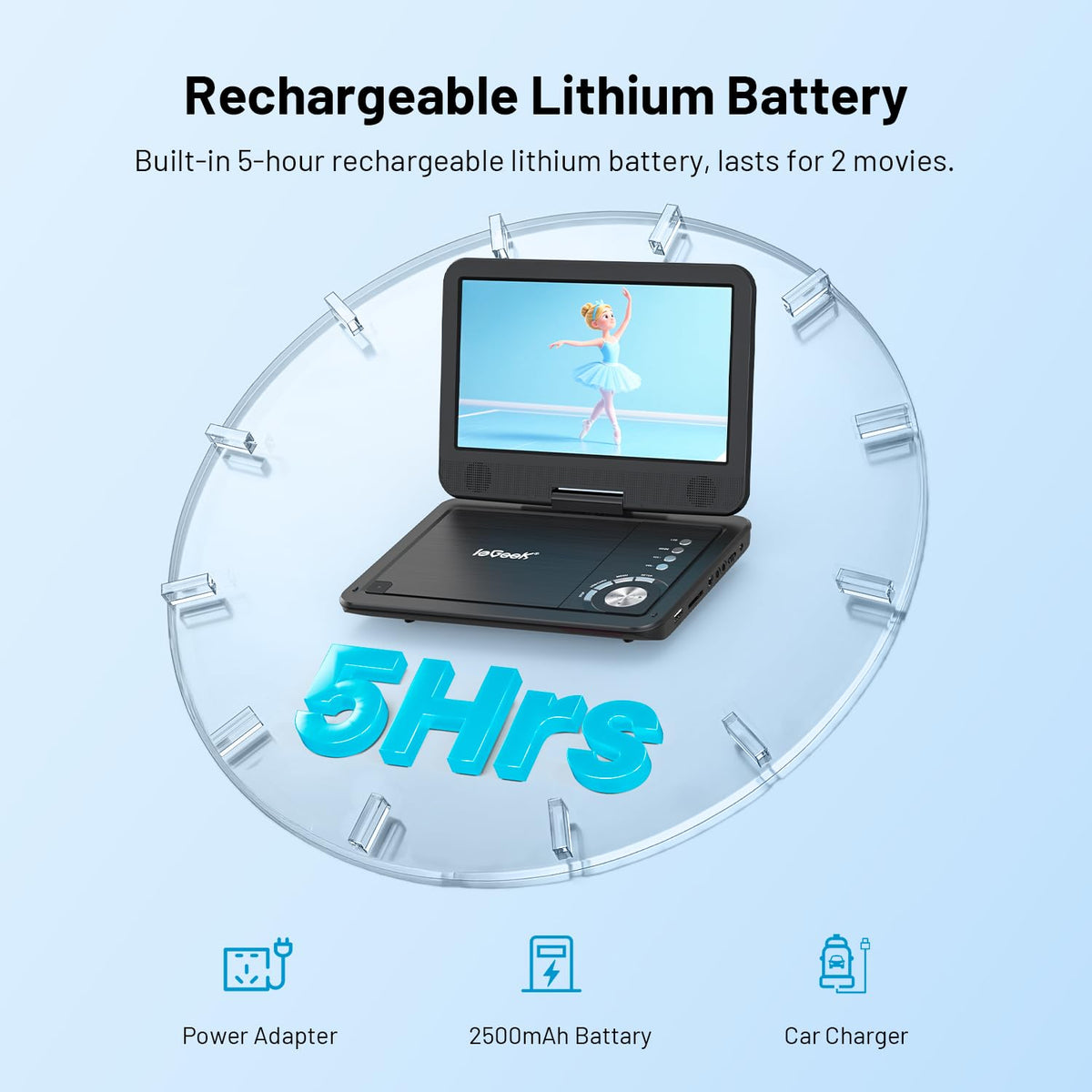 ieGeek portable dvd player with 5-hour battery for long trips.