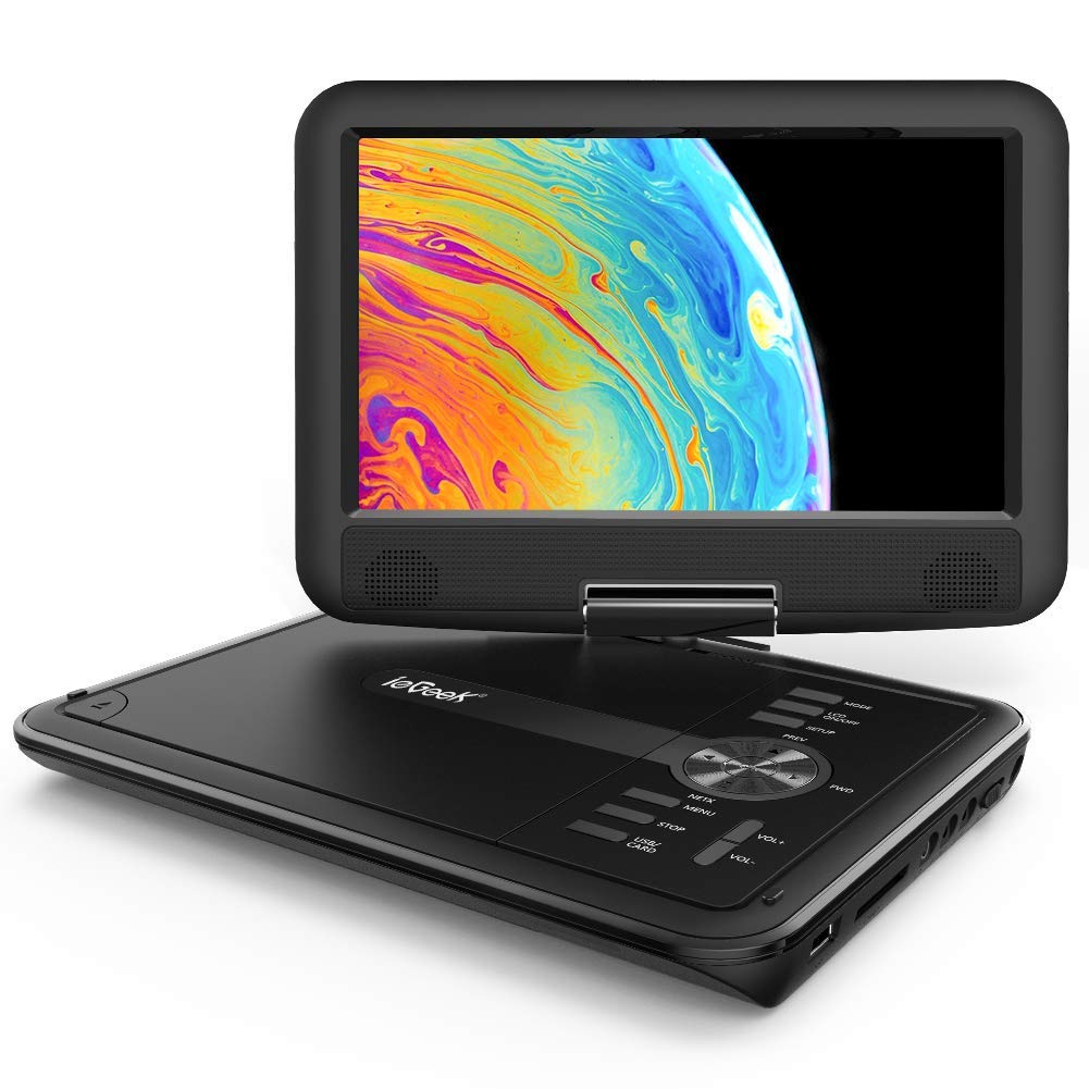 ieGeek front closed portable DVD player showing compact carry-ready design and convenience
