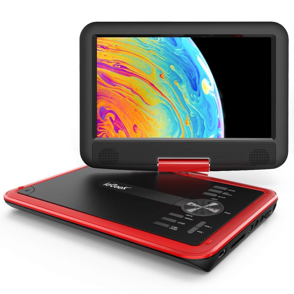 ieGeek front view red portable DVD player shows compact design and travel convenience