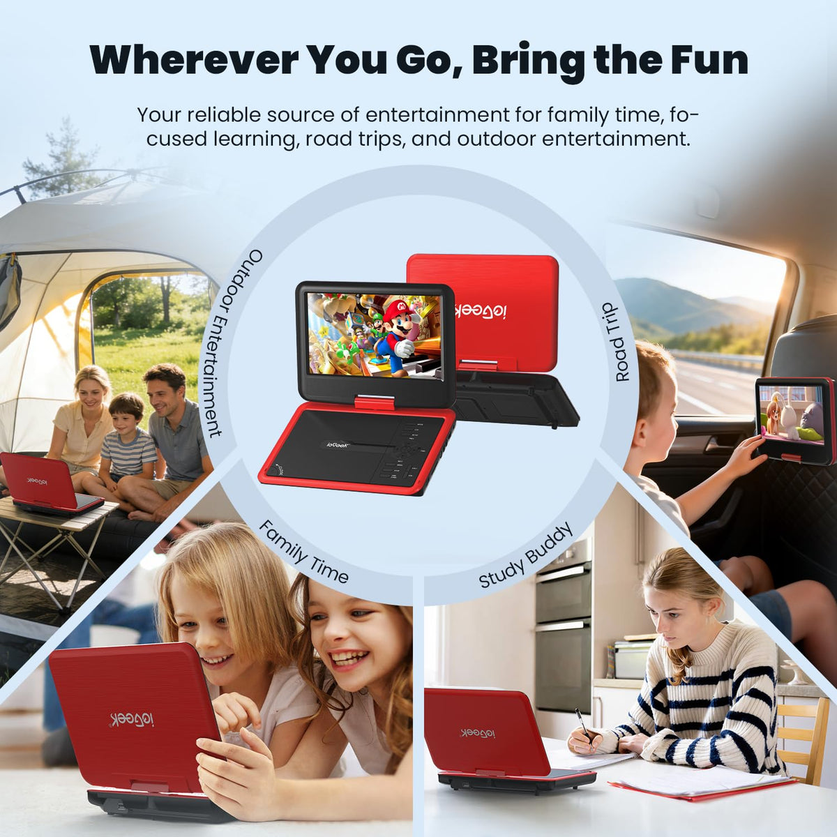 ieGeek mounted on car headrest for rear-seat entertainment during trips