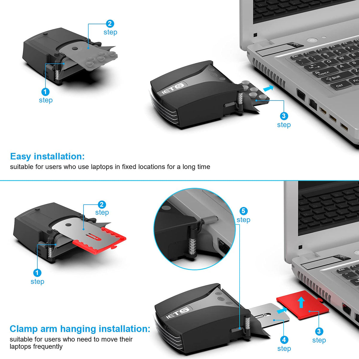 IETS GT202UB in use under a gaming laptop demonstrating active heat extraction