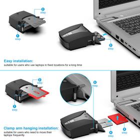 IETS GT202UB in use under a gaming laptop demonstrating active heat extraction