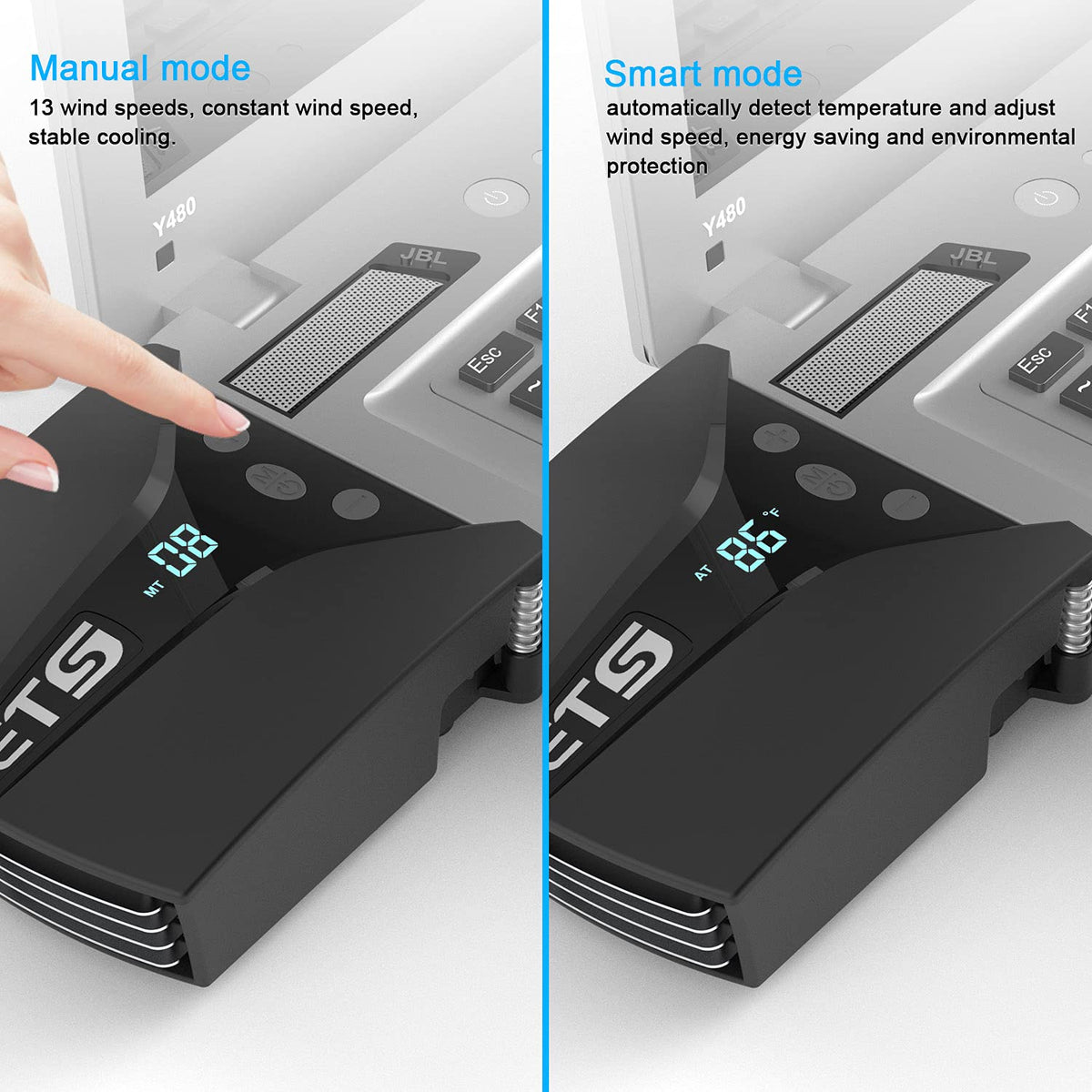 IETS GT202UB retractable clip arm attached to laptop securing cooler during movement