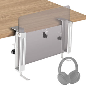 IFCASE adjustable desk side laptop mount showing sturdy clamp on a thick desk for secure placement.