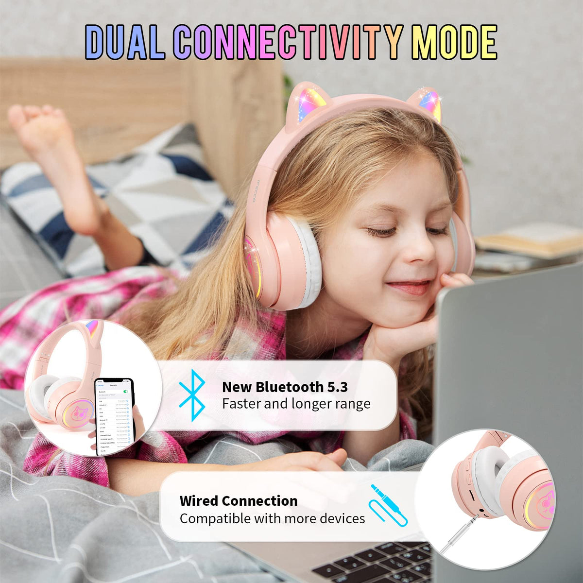 Ifecco cat-ear headphones with light-up design boosts mood during study.